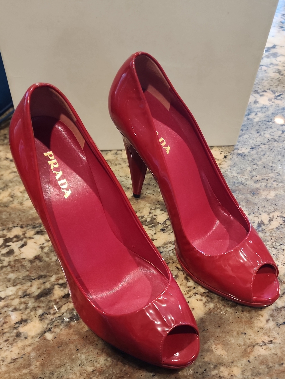 Prada Cherry Red Patent Leather Peep-Toe Heels